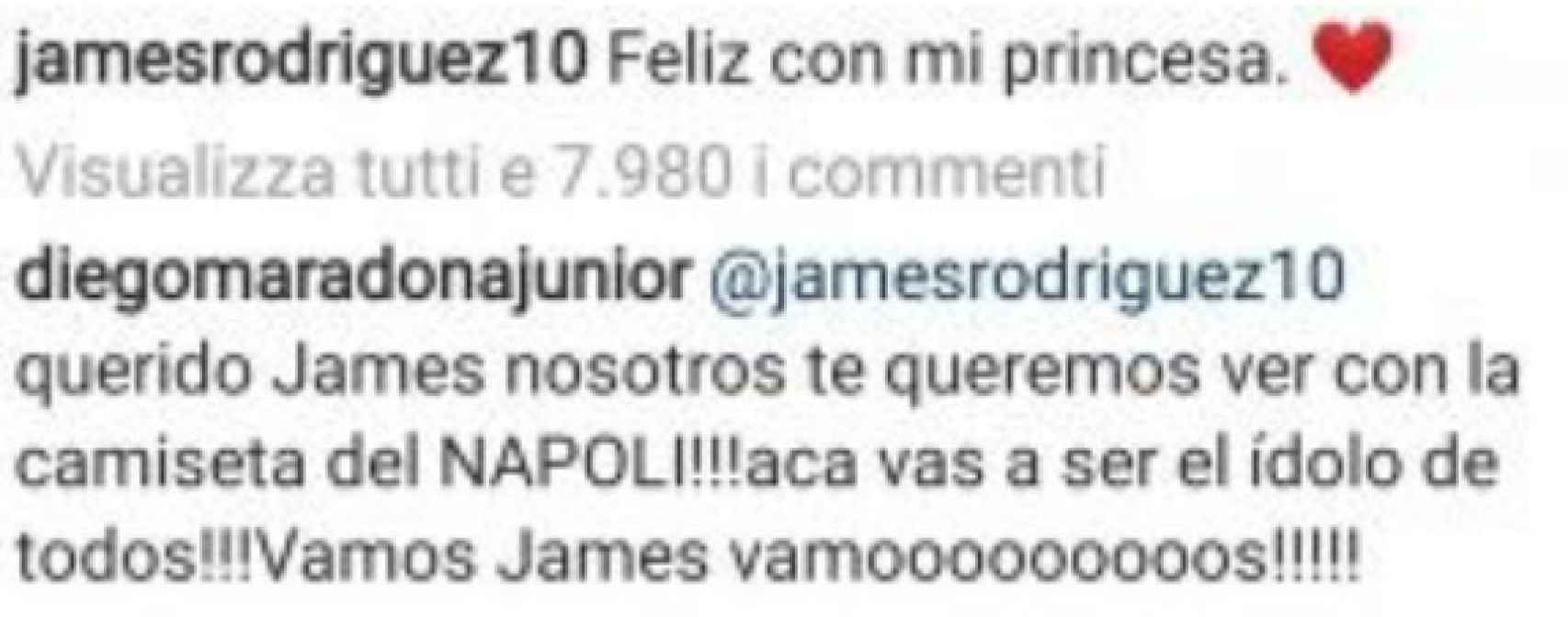 Comentario del hijo de Maradona en el Instagram de James Rodríguez