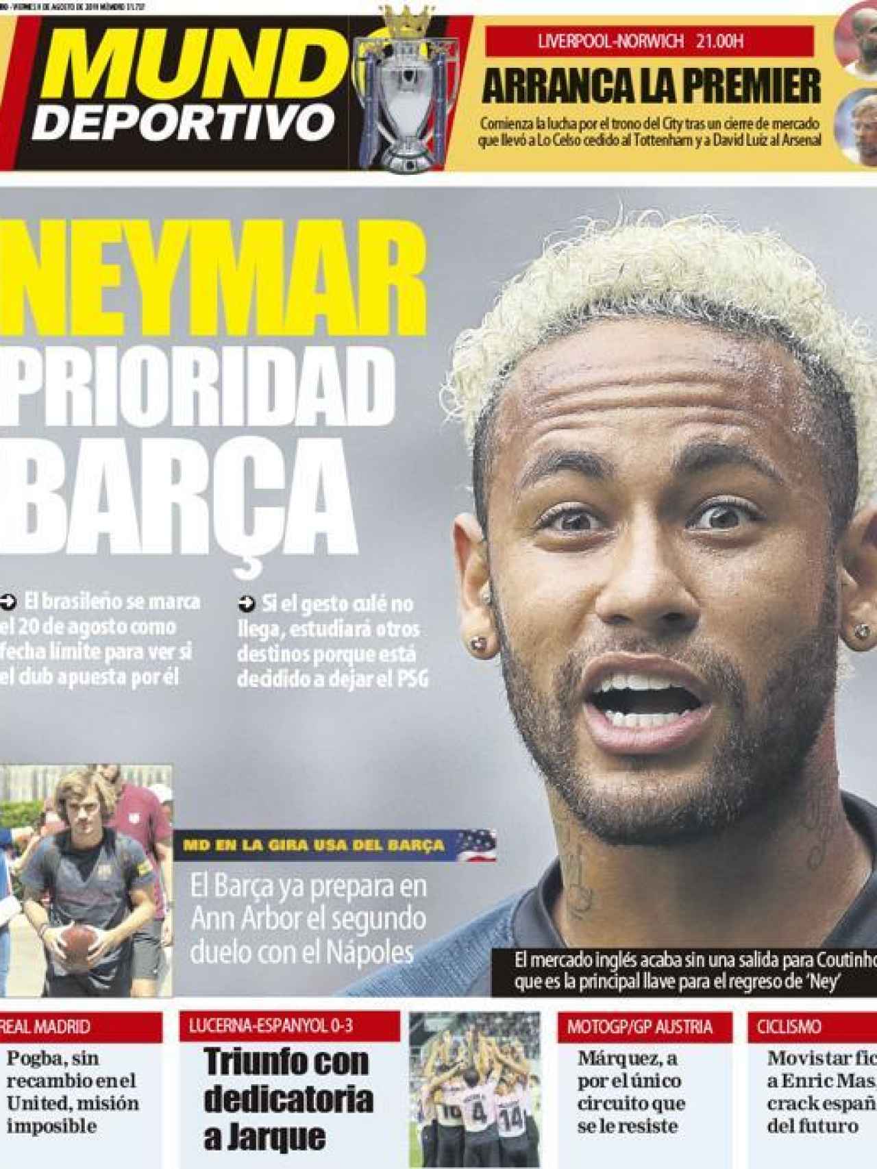La portada del diario Mundo Deportivo (09/08/2019)