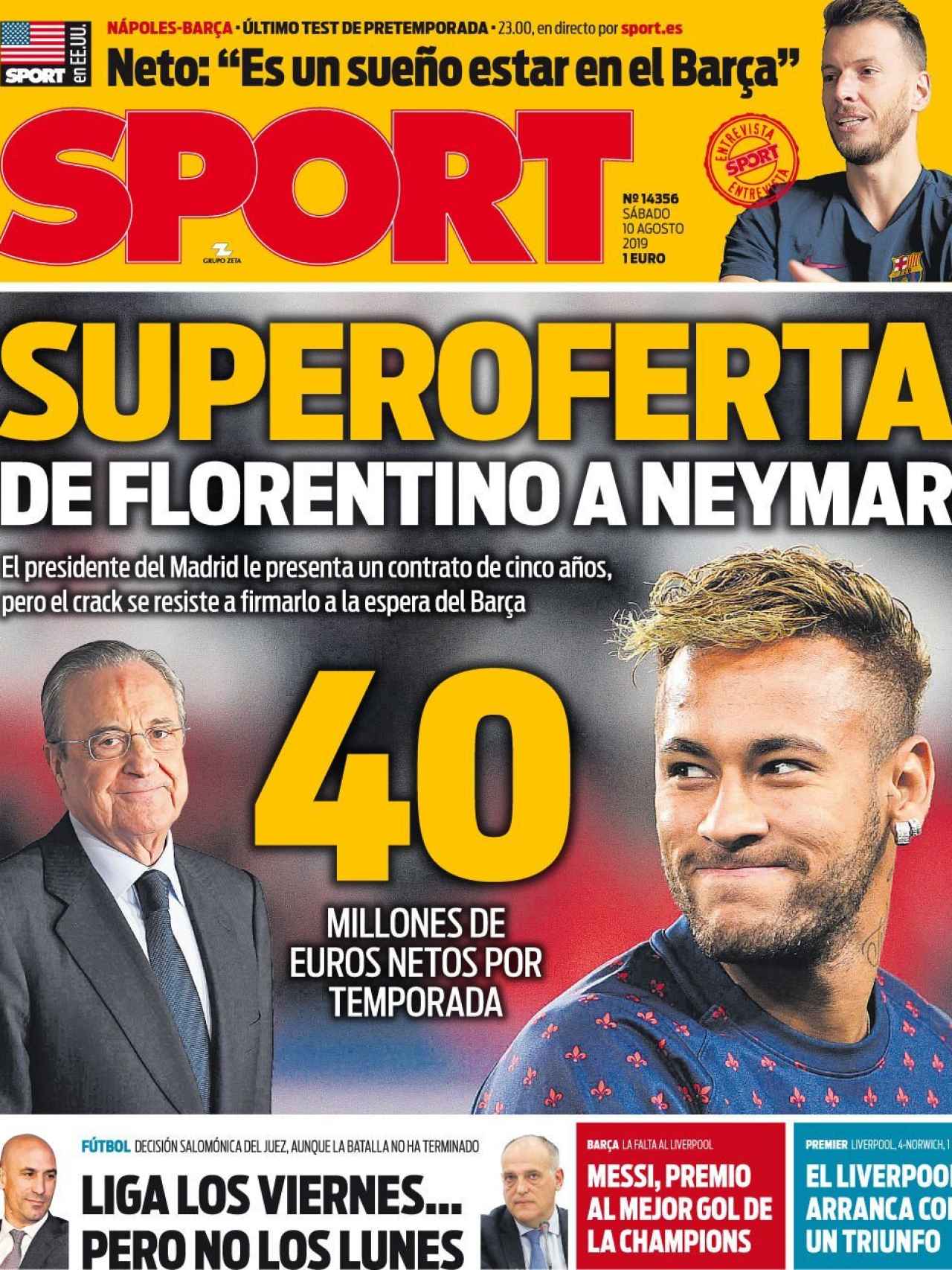 La portada del diario Sport (10/08/2019)