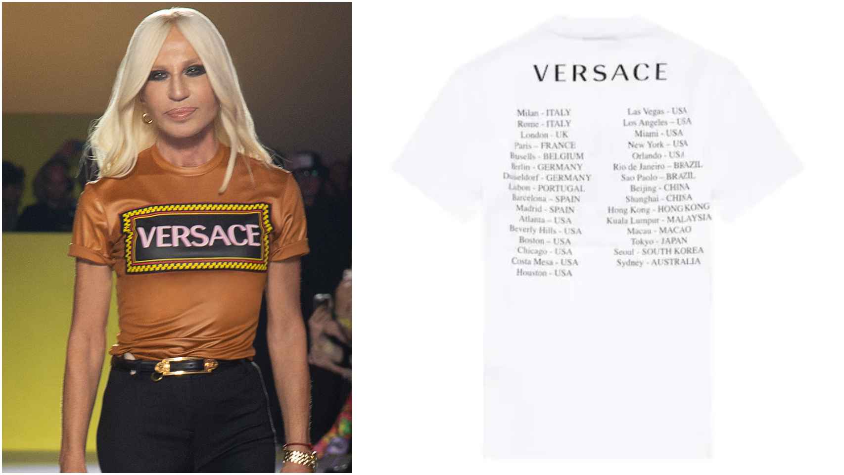Donatella Versace en un montaje con la camiseta.