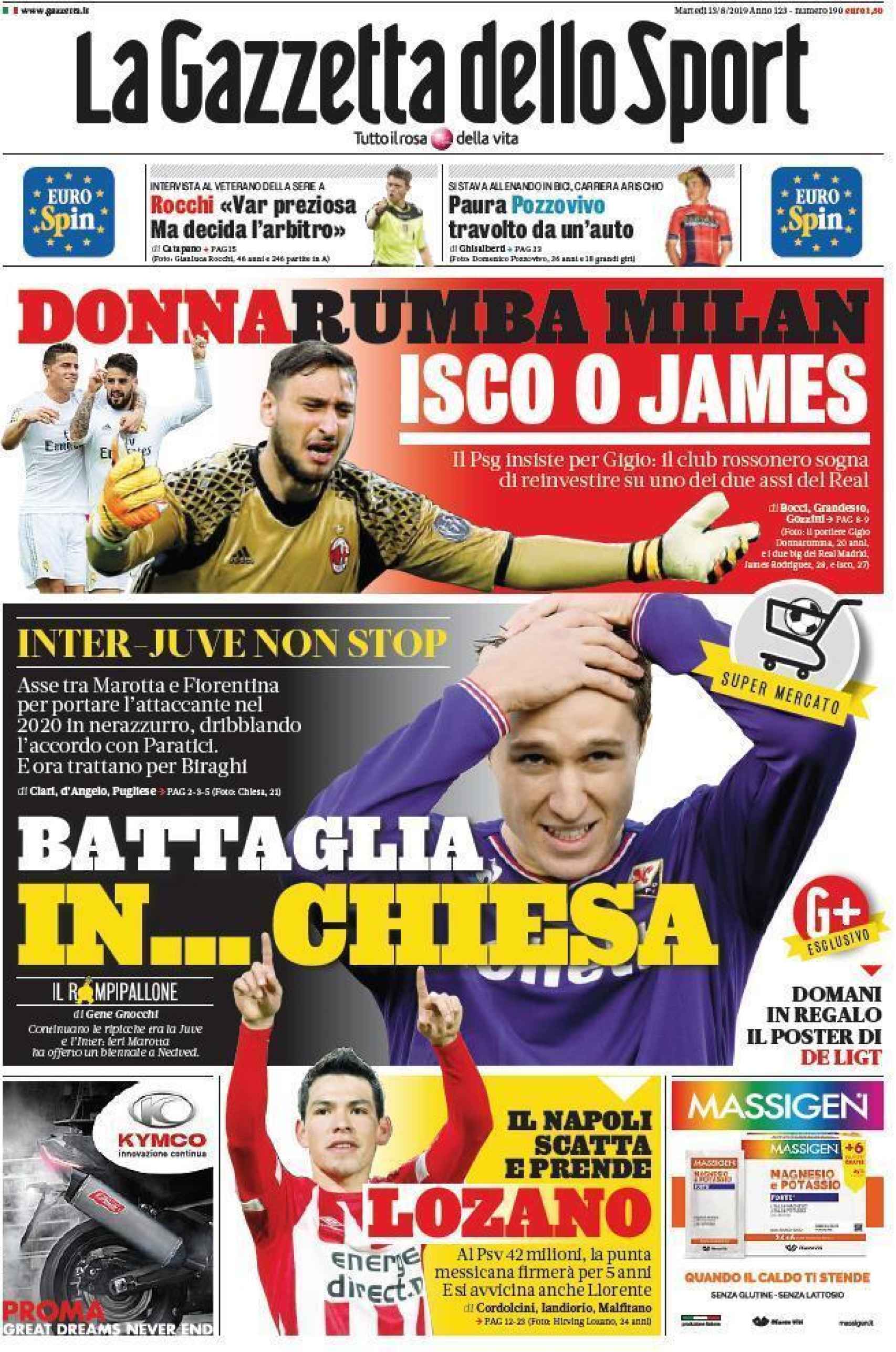 La portada de La Gazzetta dello Sport (13/08/2019)
