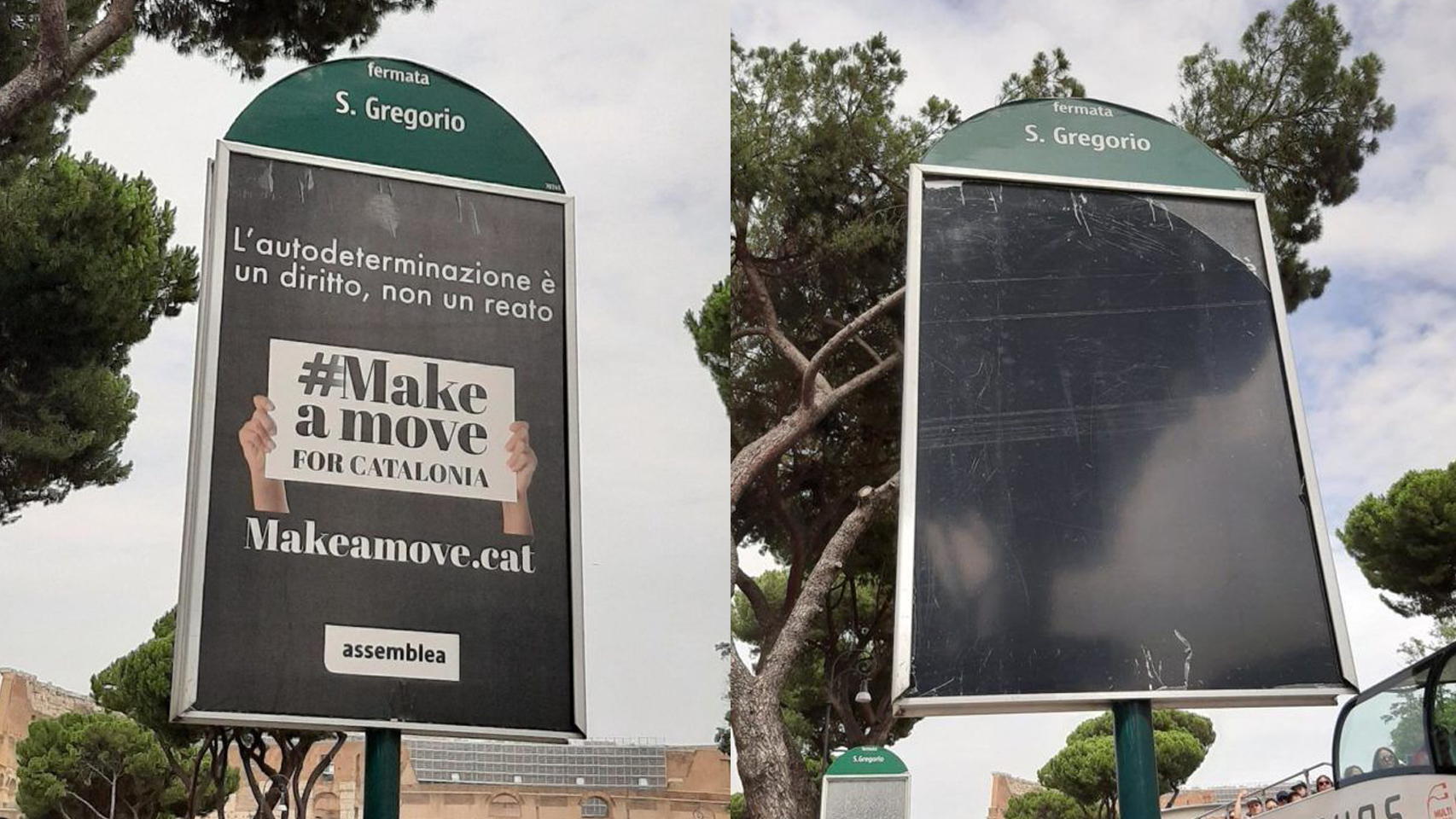 Antes y después de los carteles con propaganda independentista catalana en Italia.
