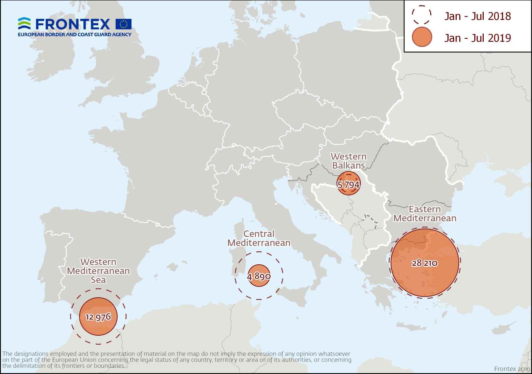Gráfico de Frontex sobre los flujos migratorios en el Mediterráneo.