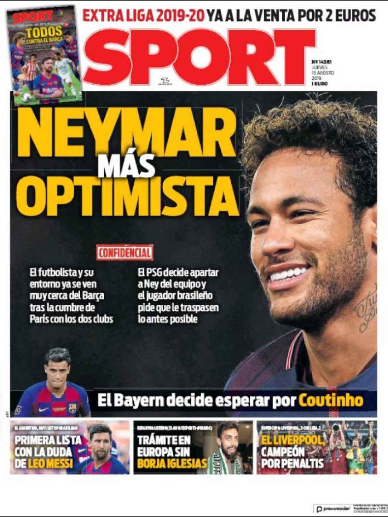 La portada del diario Sport (15/08/2019)