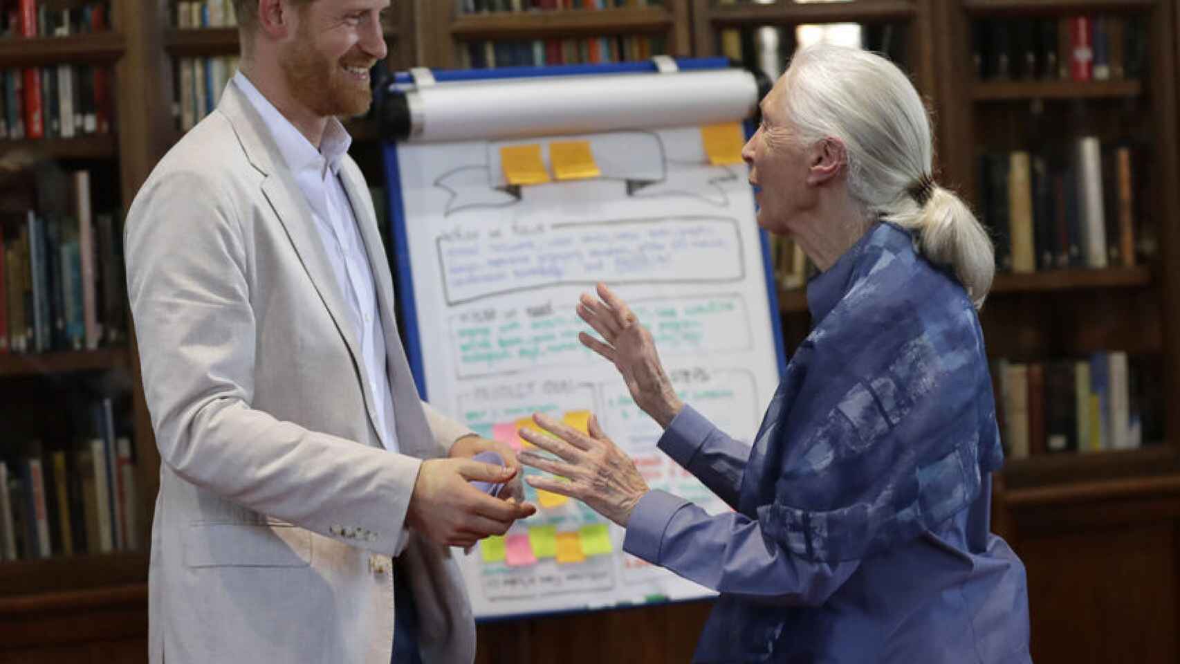 Harry de Inglaterra y la primatóloga británica Jane Goodall.
