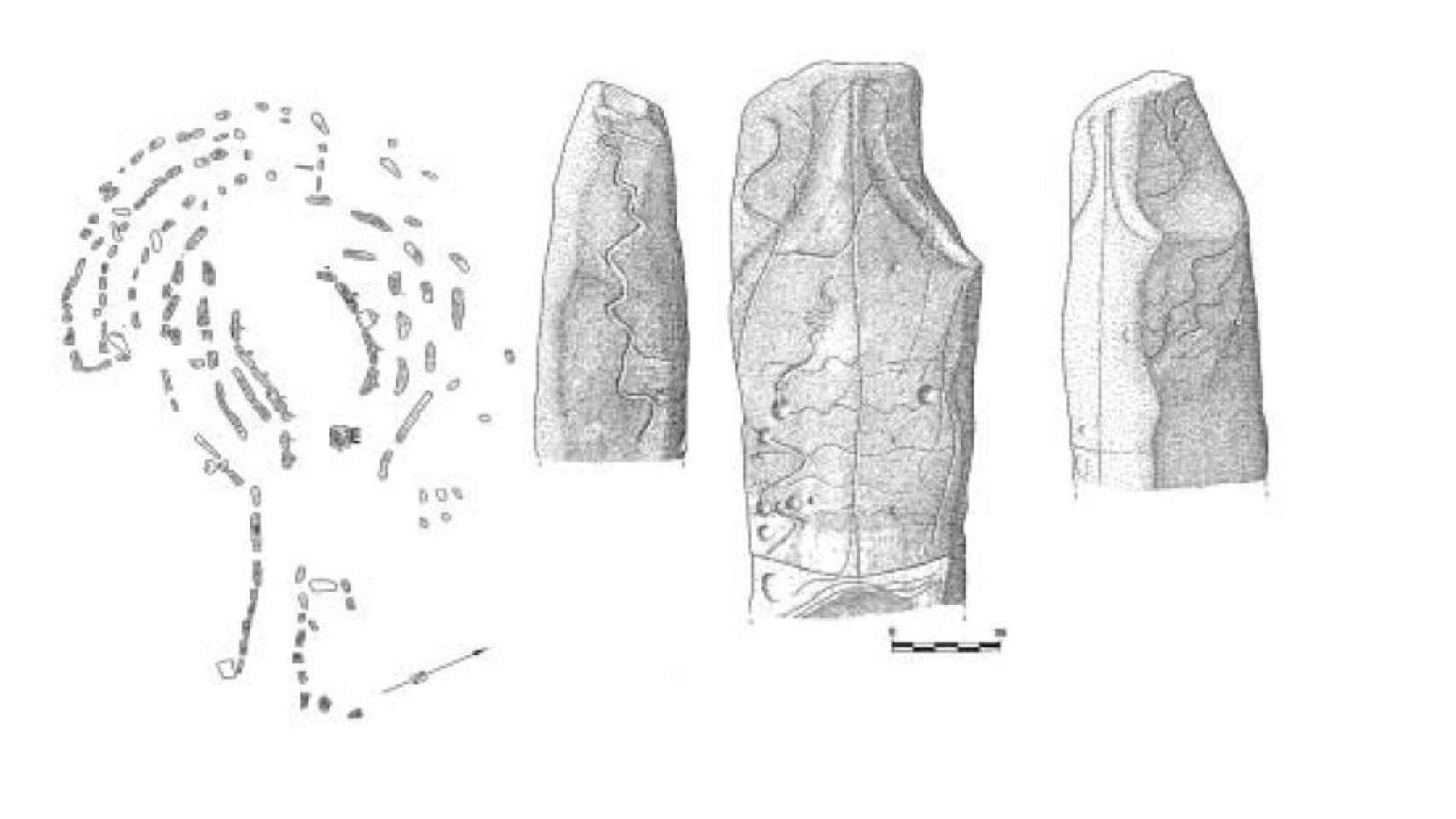 Planta del dolmen de Guadalperal y dibujos del menhir y sus inscripciones talladas.