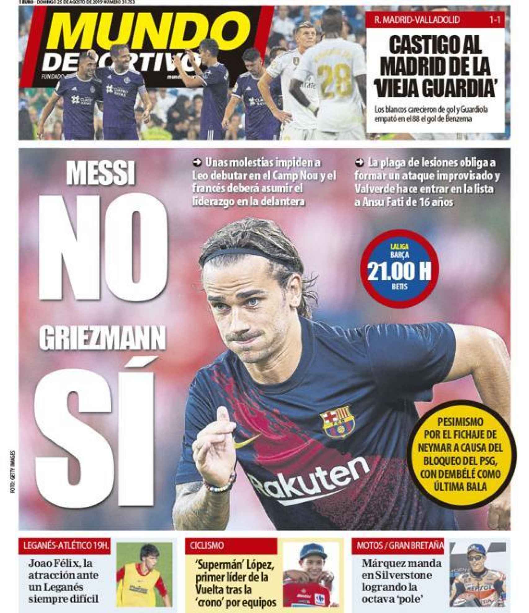 La portada del diario Mundo Deportivo (25/08/2019)