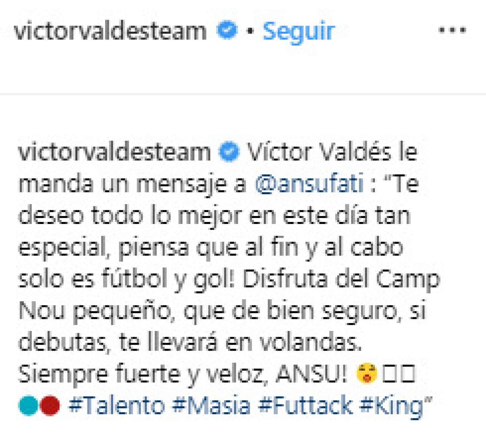 Mensaje de Víctor Valdés a Ansu Fati en Instagram