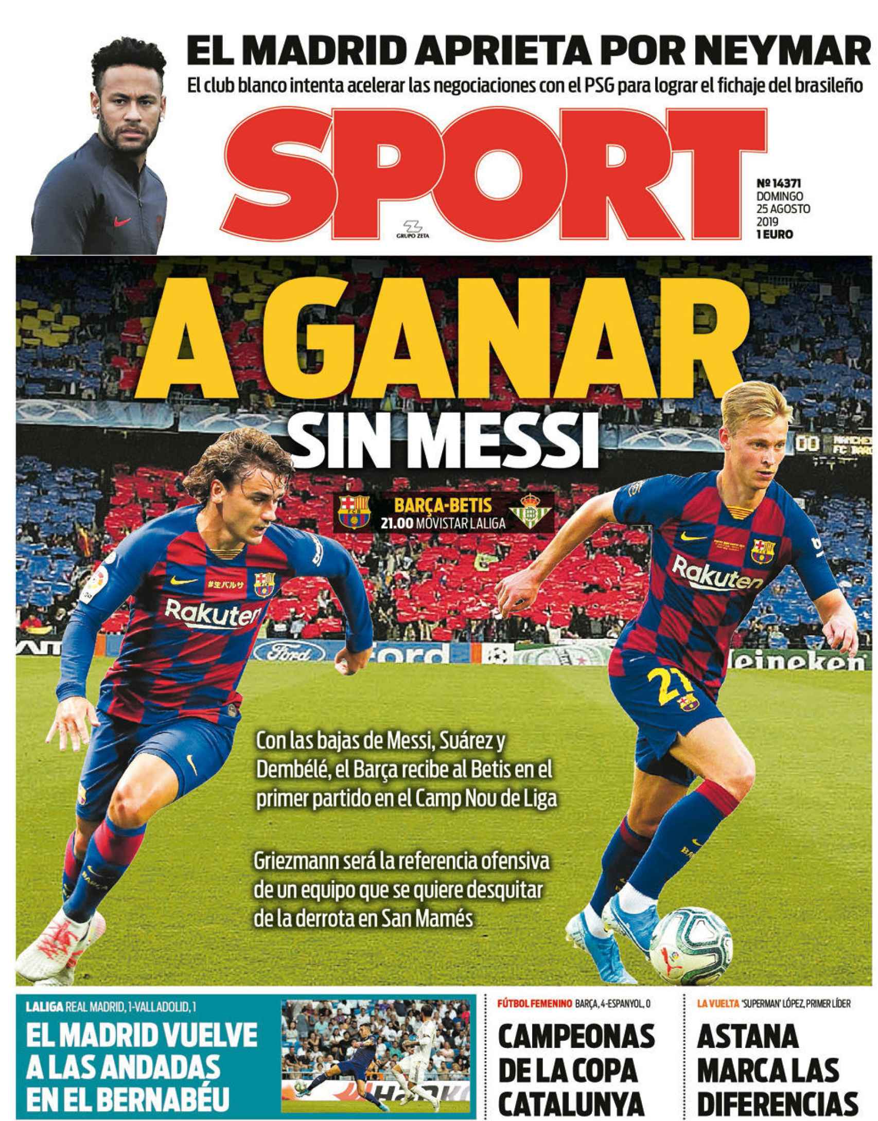 La portada del diario Sport (25/08/2019)