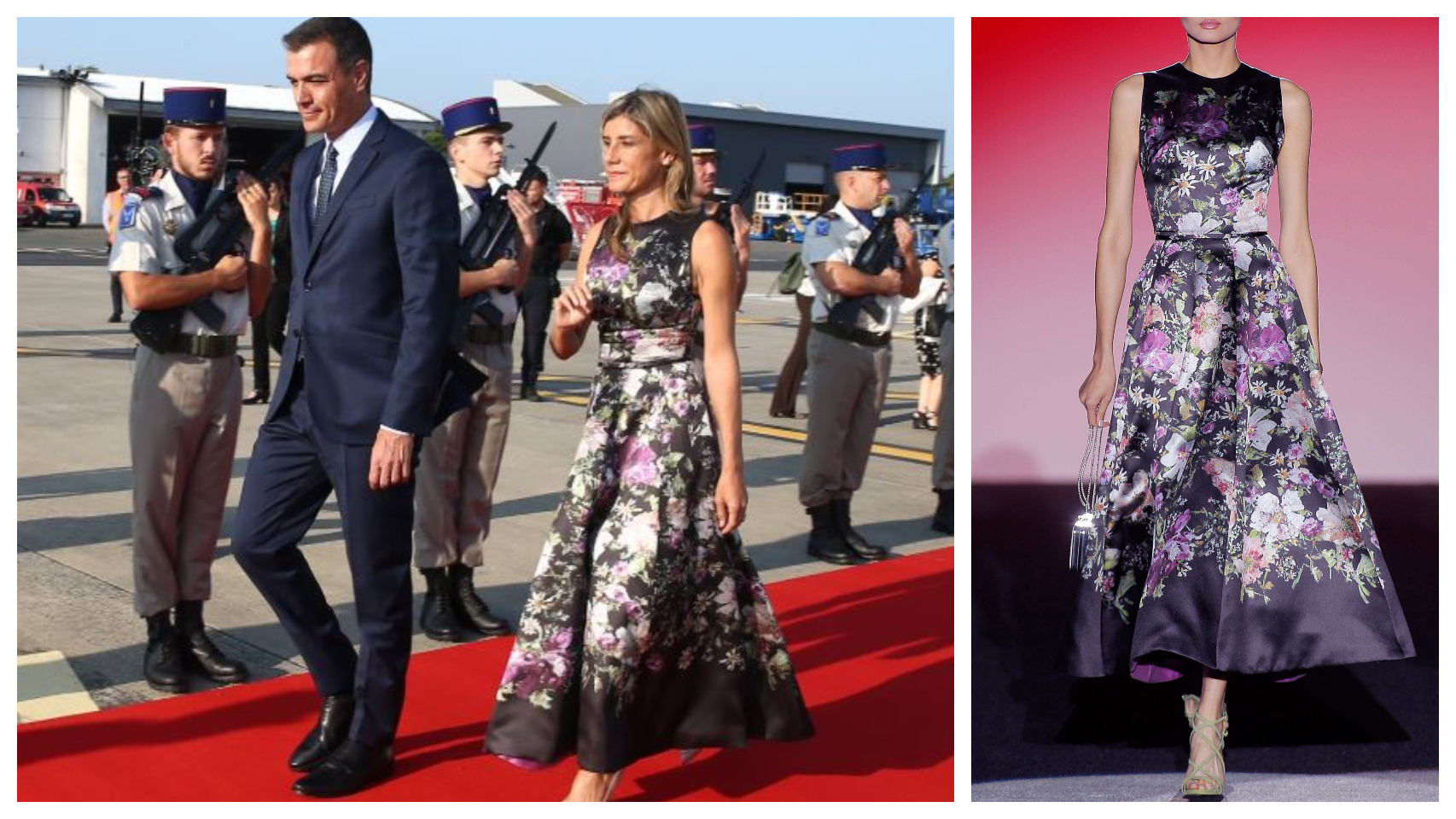 Begoña Gómez en un montaje de JALEOS junto al vestido de 2.900 euros que ha vestido en el G7.