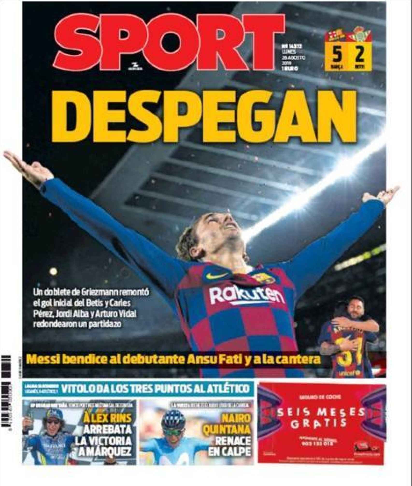 La portada del diario Sport (26/08/2019)