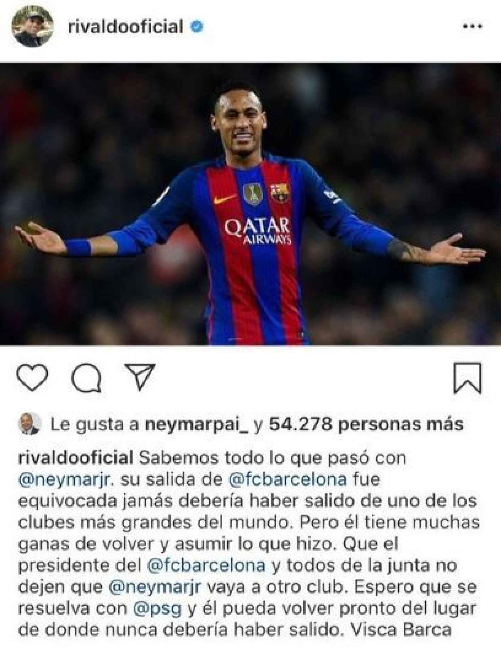 El padre d Neymar le da a 'me gusta' a la publicación de Rivaldo