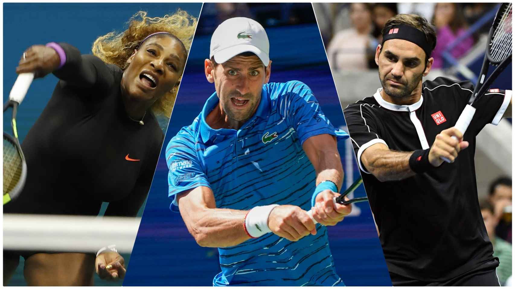Serena Williams, Novak Djokovic y Roger Federer en el US Open 2019.