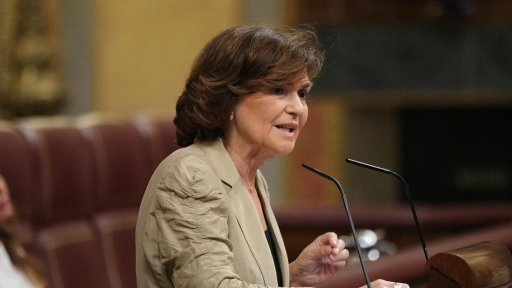 Carmen Calvo en la comparecencia por el 'Open Arms'.
