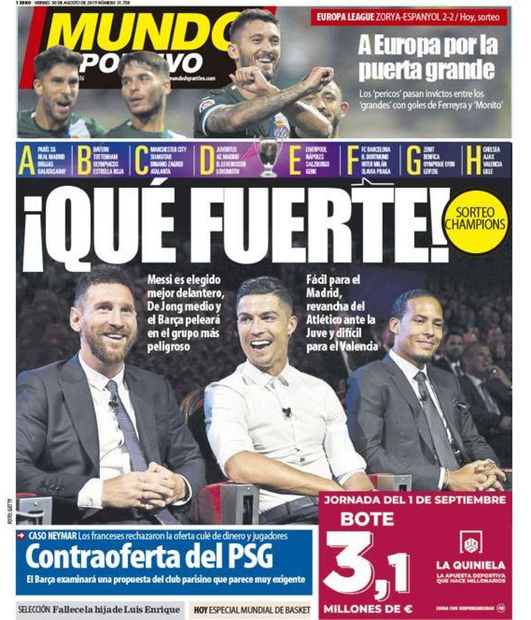La portada del diario Mundo Deportivo (30/08/2019)