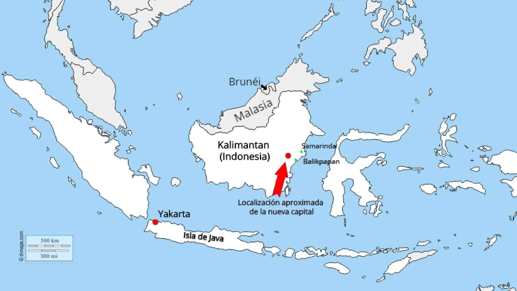 Mapa de la previsible ubicación de la nueva capital de Indonesia.