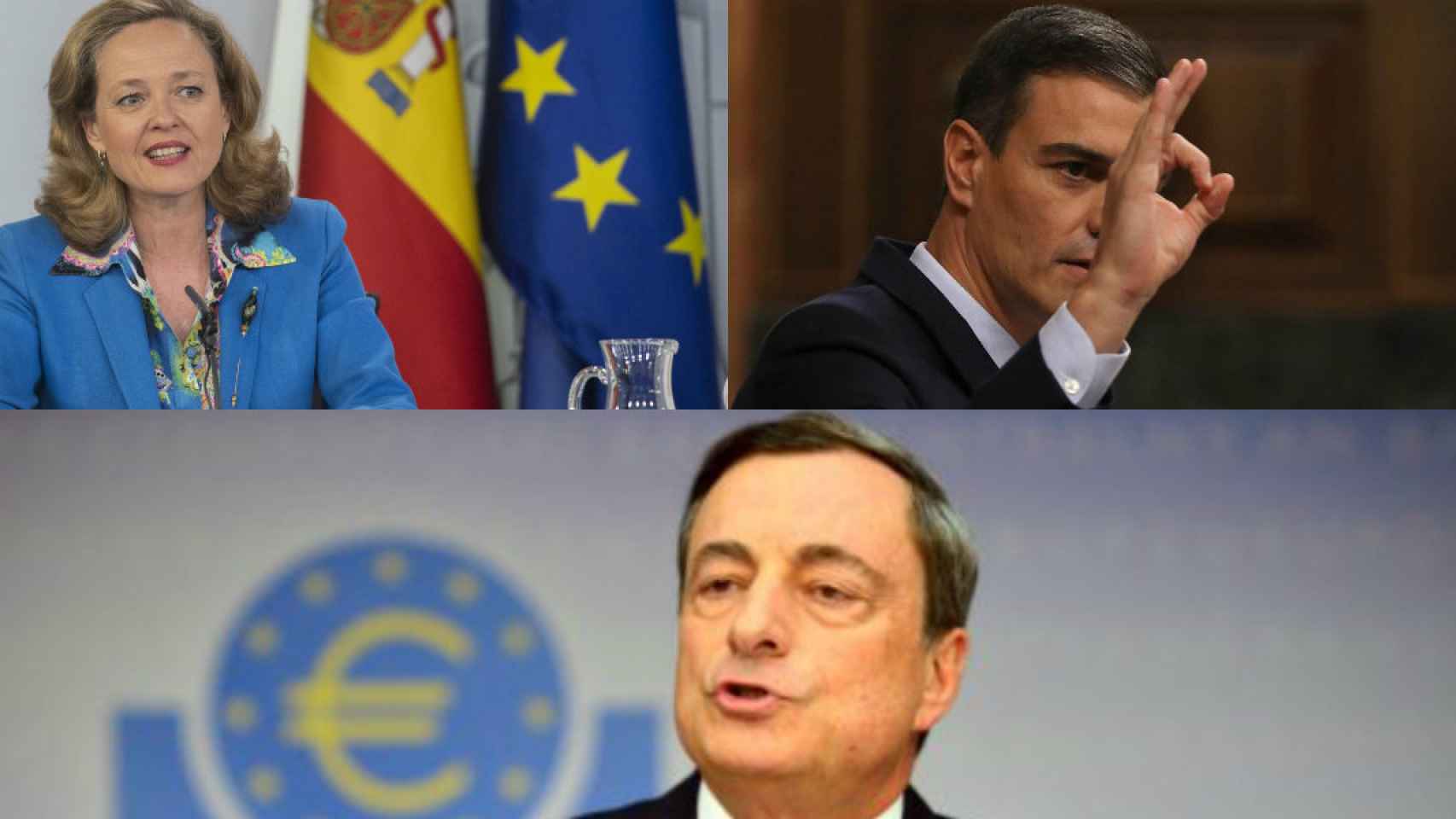 Nadia Calviño, Pedro Sánchez, Mario Draghi.