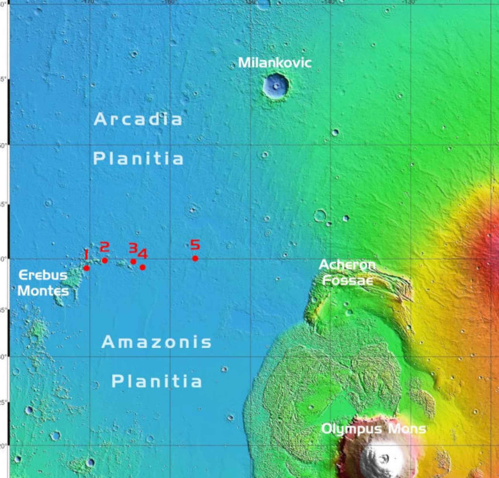 Localizaciones del aterrizaje en Marte de SpaceX