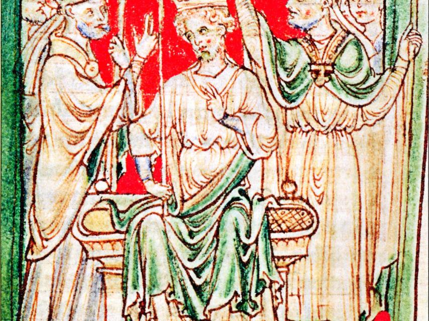 Ricardo I siendo ungido durante su coronación como rey en la abadía de Westminster, Londres. Ilustración de una crónica del siglo XIII.
