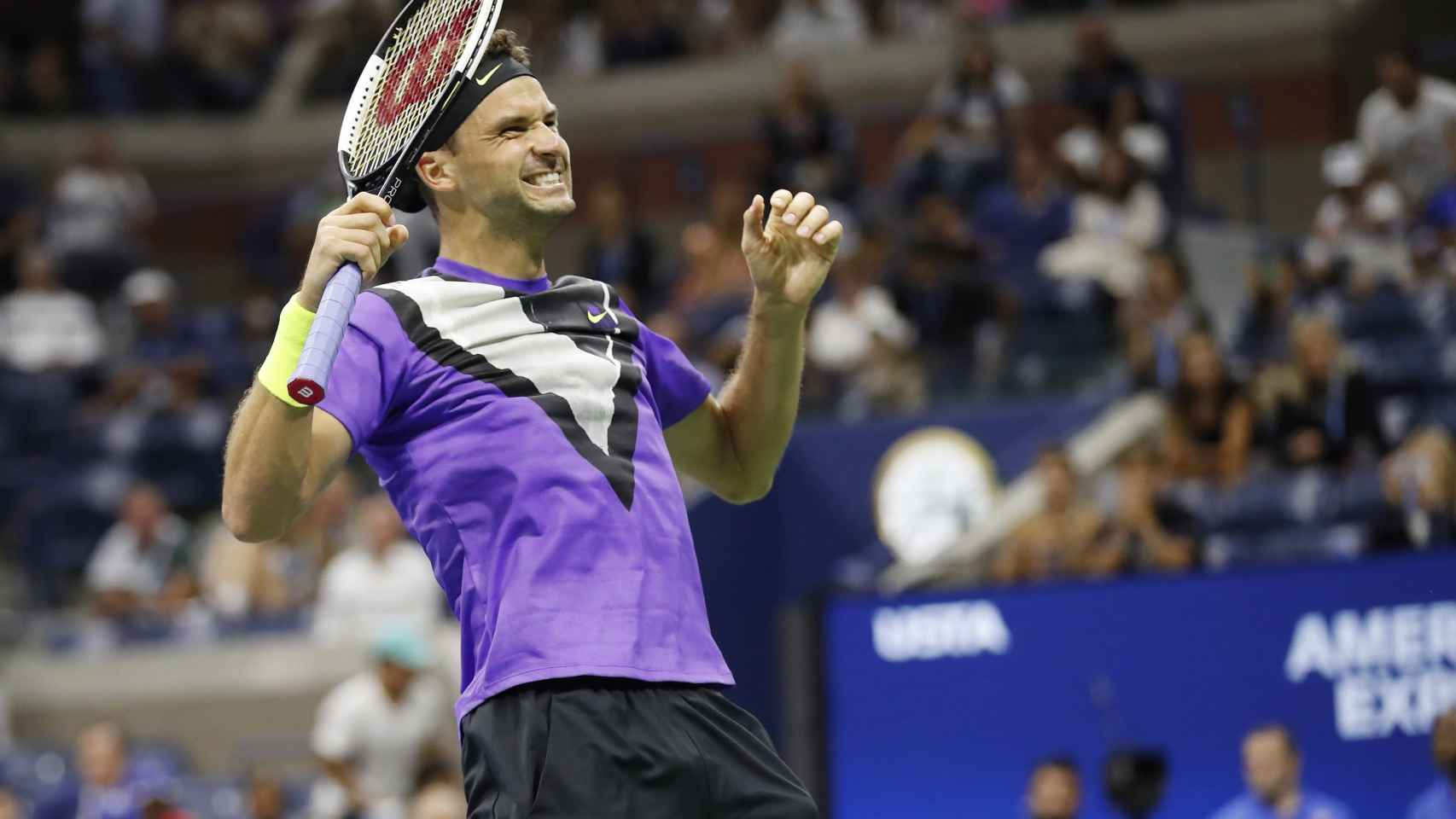 Federer en el partido de cuartos de final del US Open contra Dimitrov.