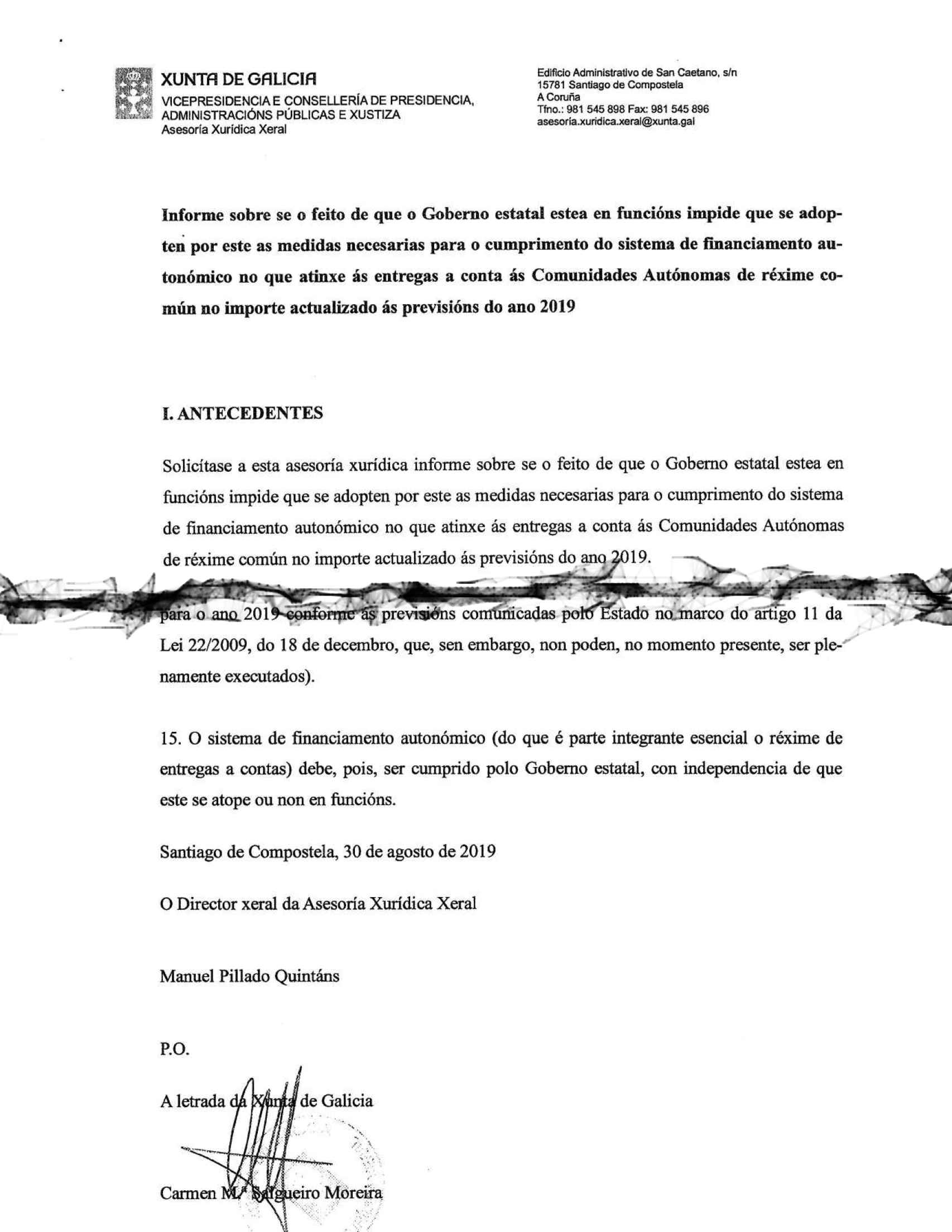 Detalles de la primera y última páginas del Informe de la Xunta.