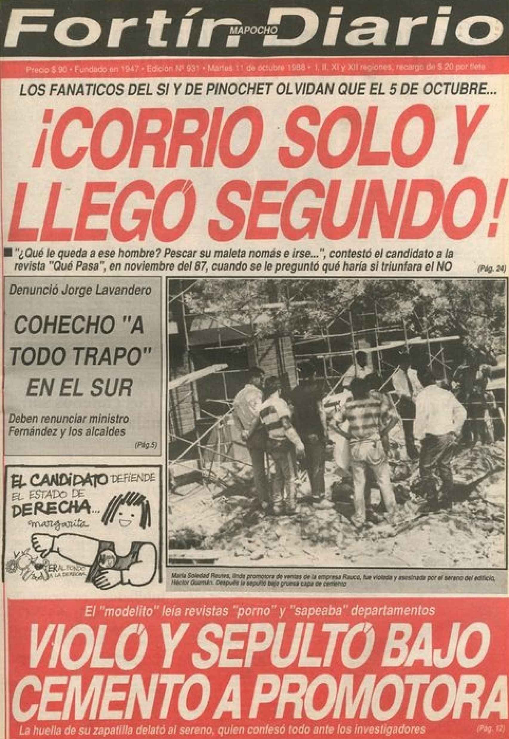 Portada de 'Fortín Mapocho' tras el plebiscito del 5 de octubre de 1988.