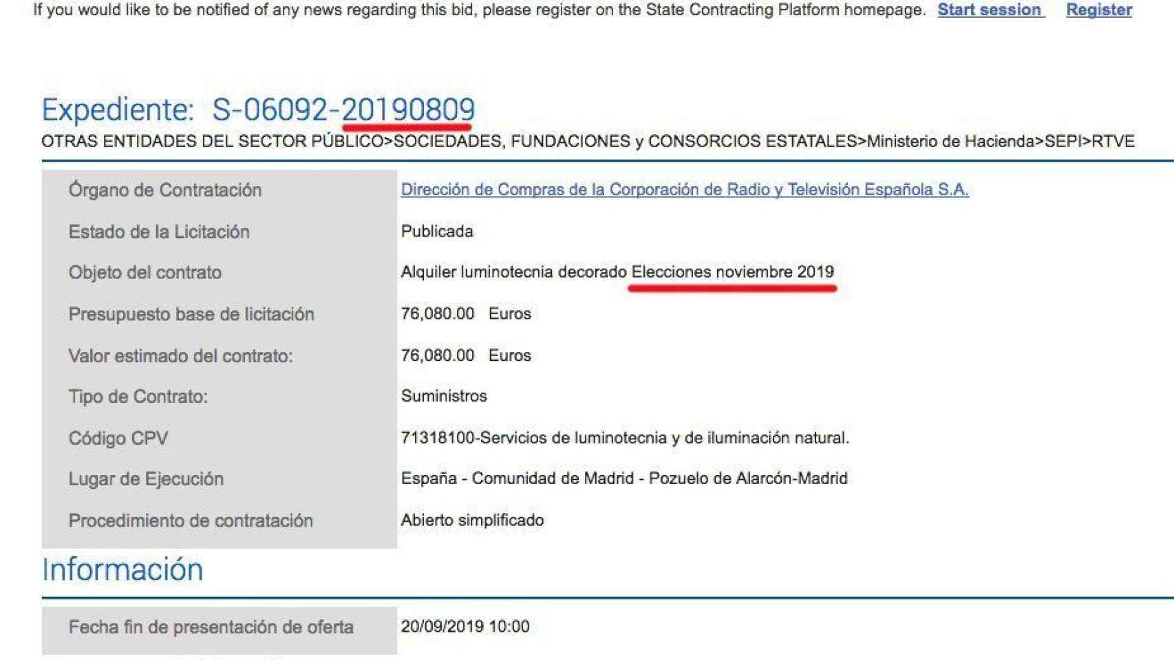 Captura del portal de Contratación del Estado compartida por la cuentade Pablo Echenique en su Twitter.