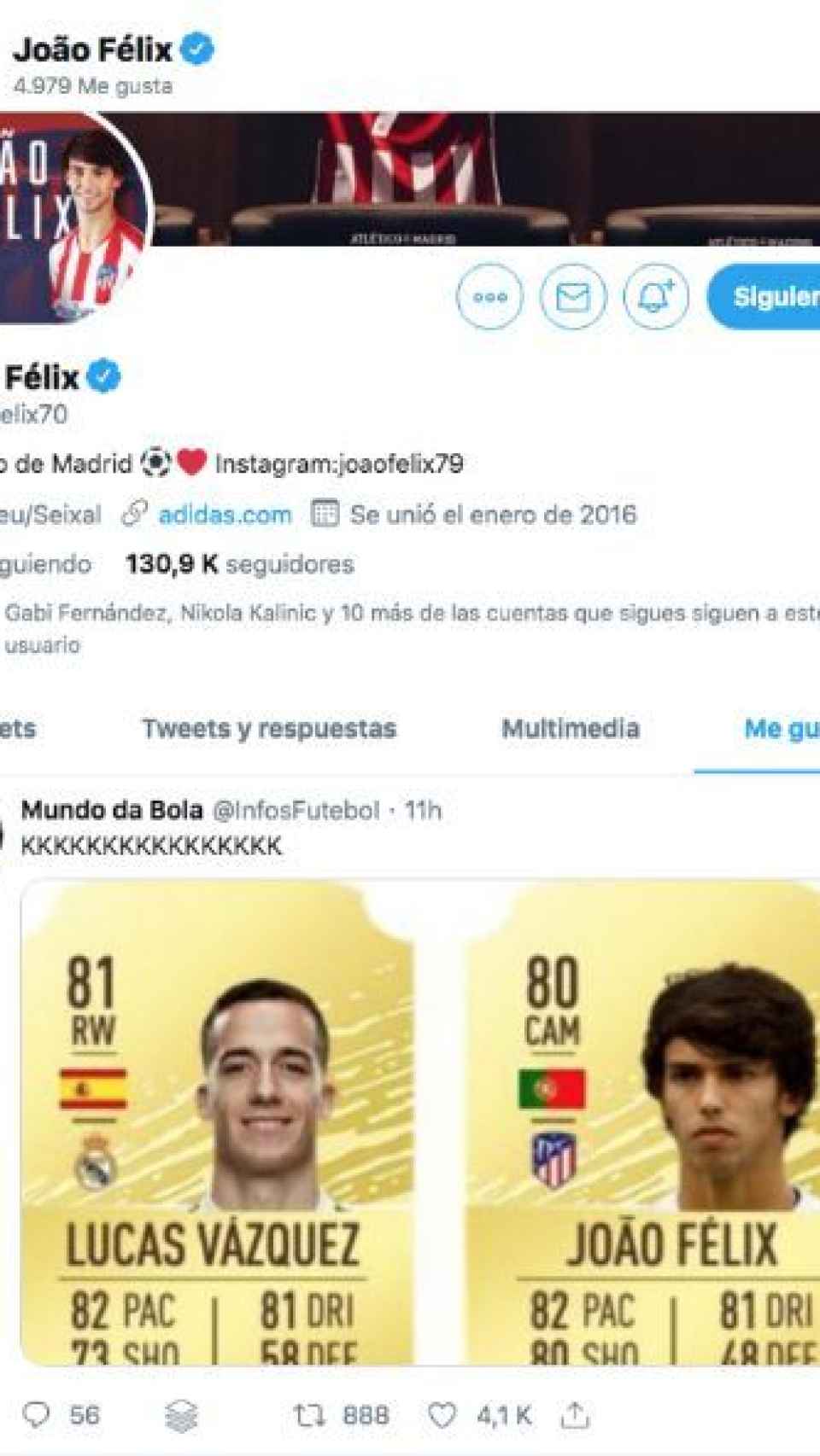 Valoración del FIFA de Joao Félix y Lucas Vázquez. Foto: Twitter (@joaofelix70)