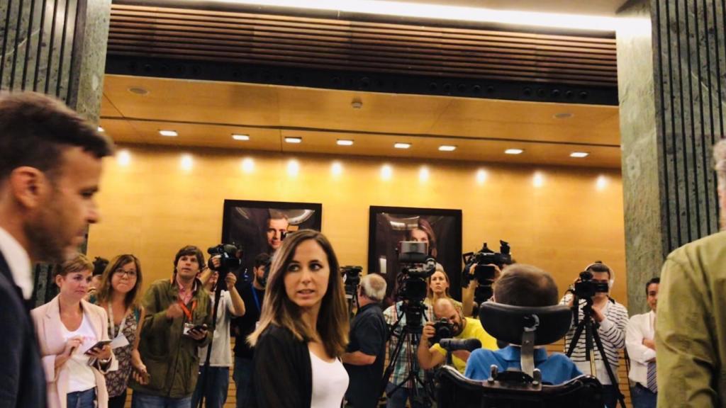 Los negociadores Jaume Asens, Ione Belarra y Pablo Echenique, antes de su comparecencia de prensa.