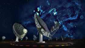 Recreación del radiotelescopio MeerKAT y las estructuras recién descubiertas en la Vía Láctea.