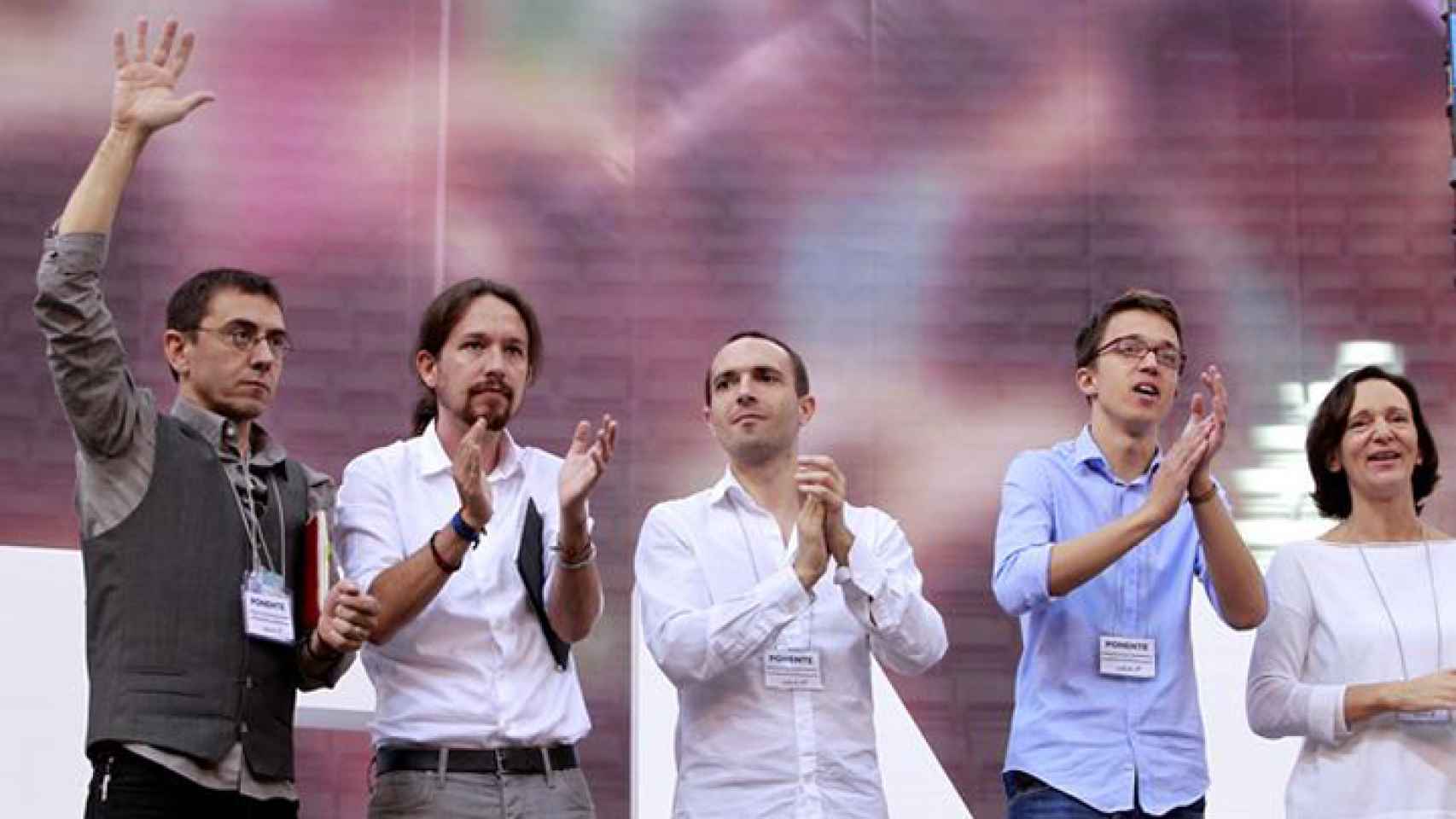 Juan Carlos Monedero, Pablo Iglesias, Luis Alegre, Íñigo Errejón y Carolina Bescansa, en Vistalegre I.