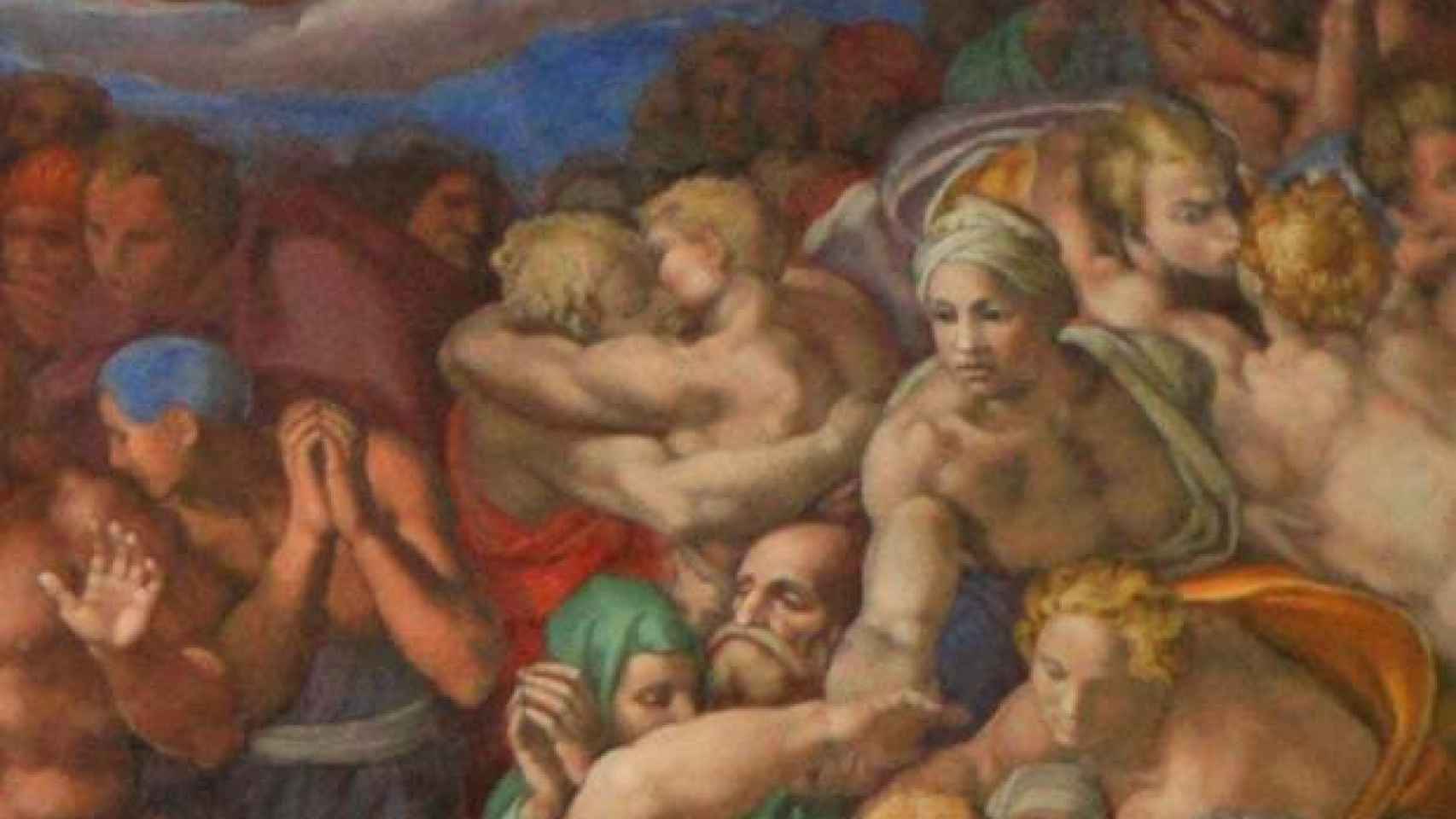 Parte del fresco del Juicio Final en la Capilla Sixtina, que representa un beso entre dos hombres.