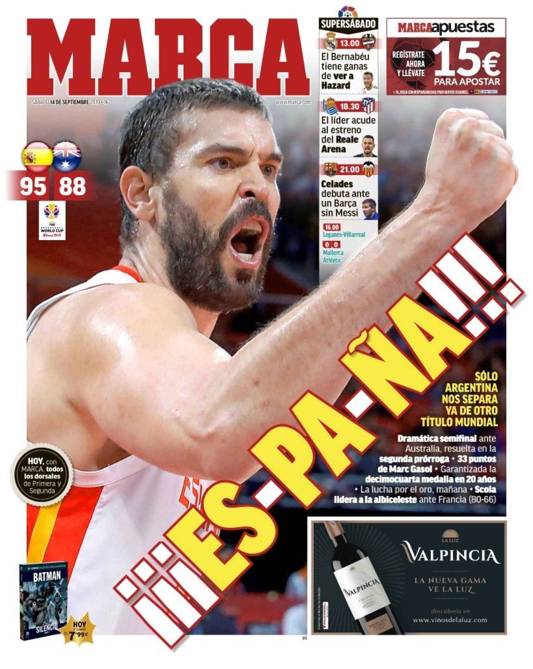 La portada del diario MARCA (14/09/2019)