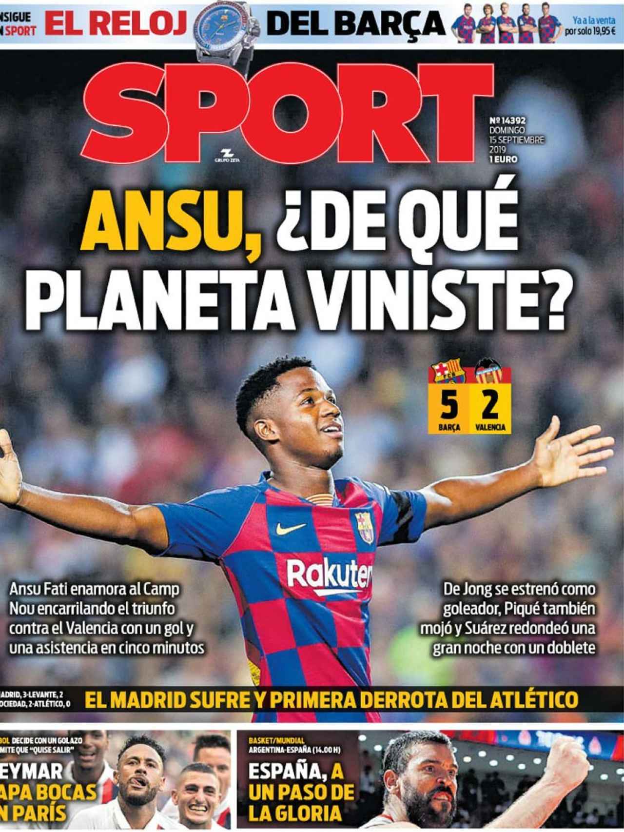 La portada del diario Sport (15/09/2019)