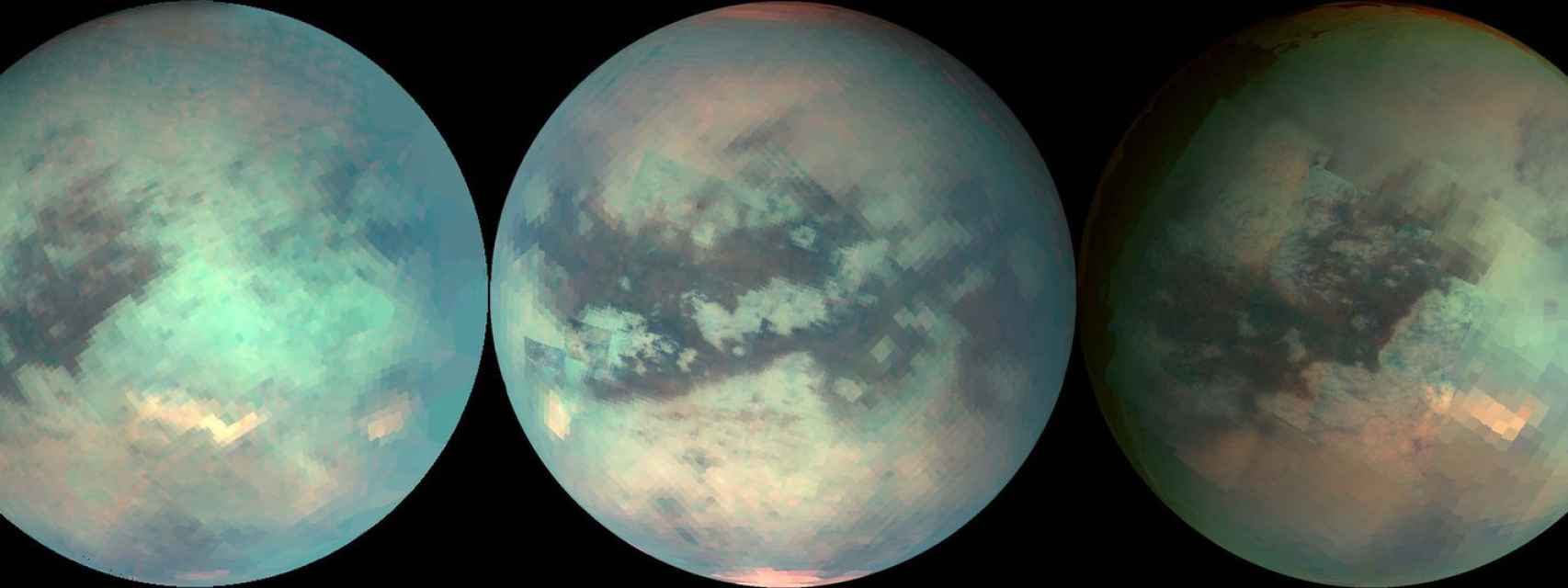 La sonda espacial de la NASA Cassini utilizó luz infrarroja para mirar a través de la atmósfera nebulosa de Titán y tomar medidas aproximadas de su superficie.