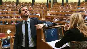 El líder del PP, Pablo Casado, durante la sesión plenaria celebrada este martes en el Congreso de los Diputados.
