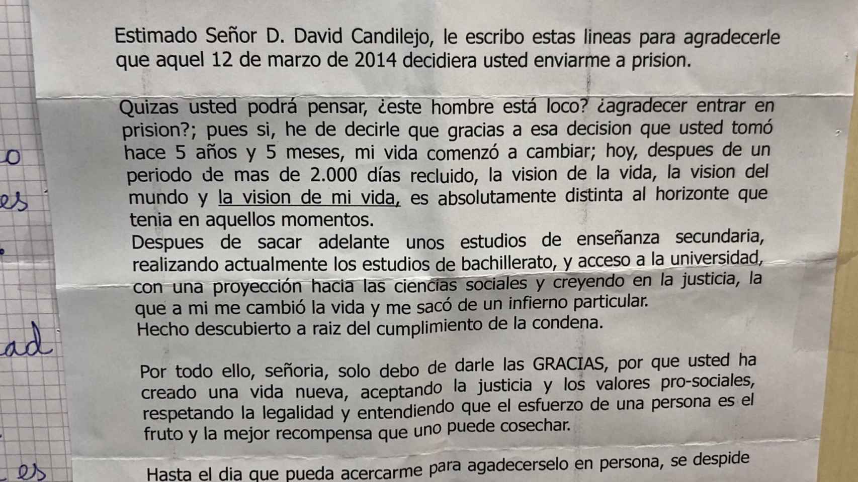 La carta que ha recibido el juez David Candilejo.