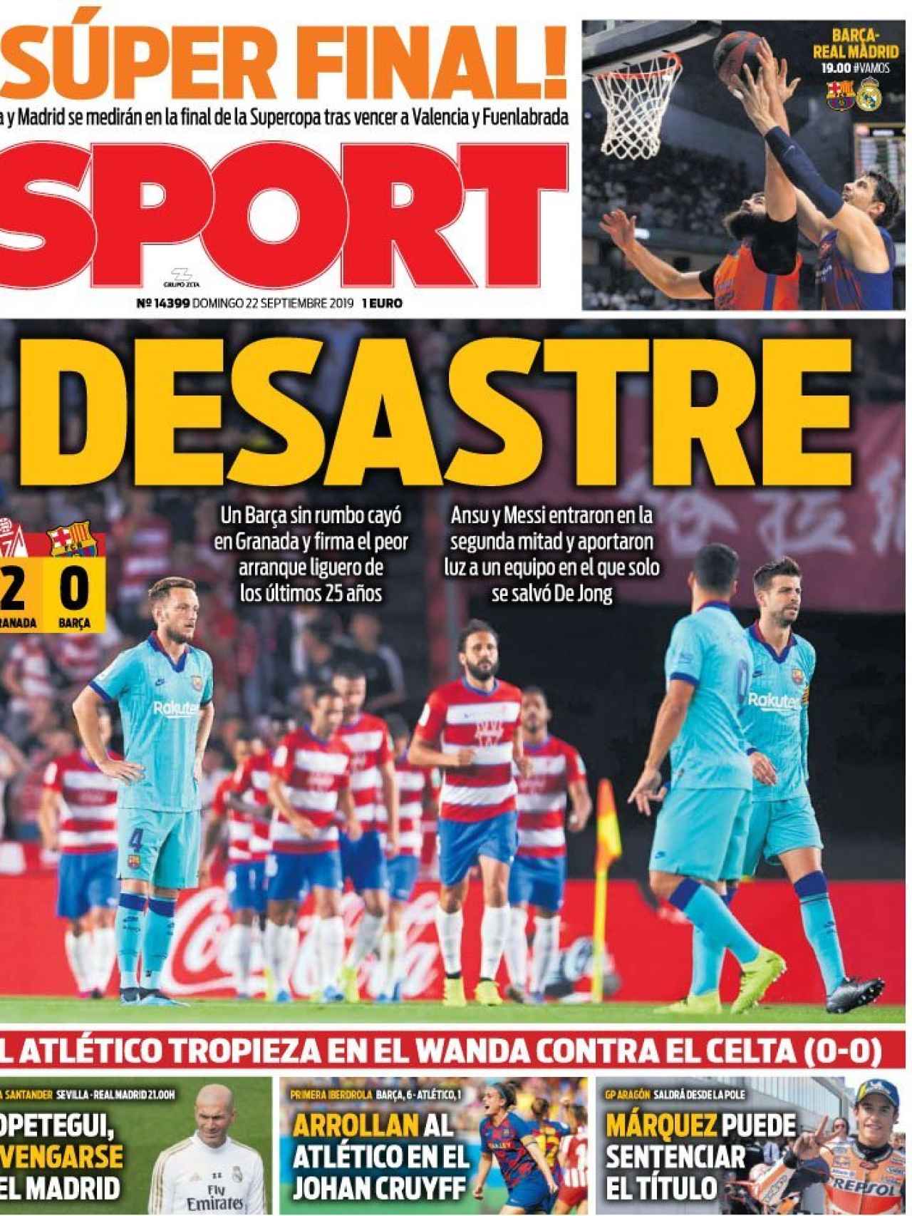 La portada del diario Sport (22/09/2019)