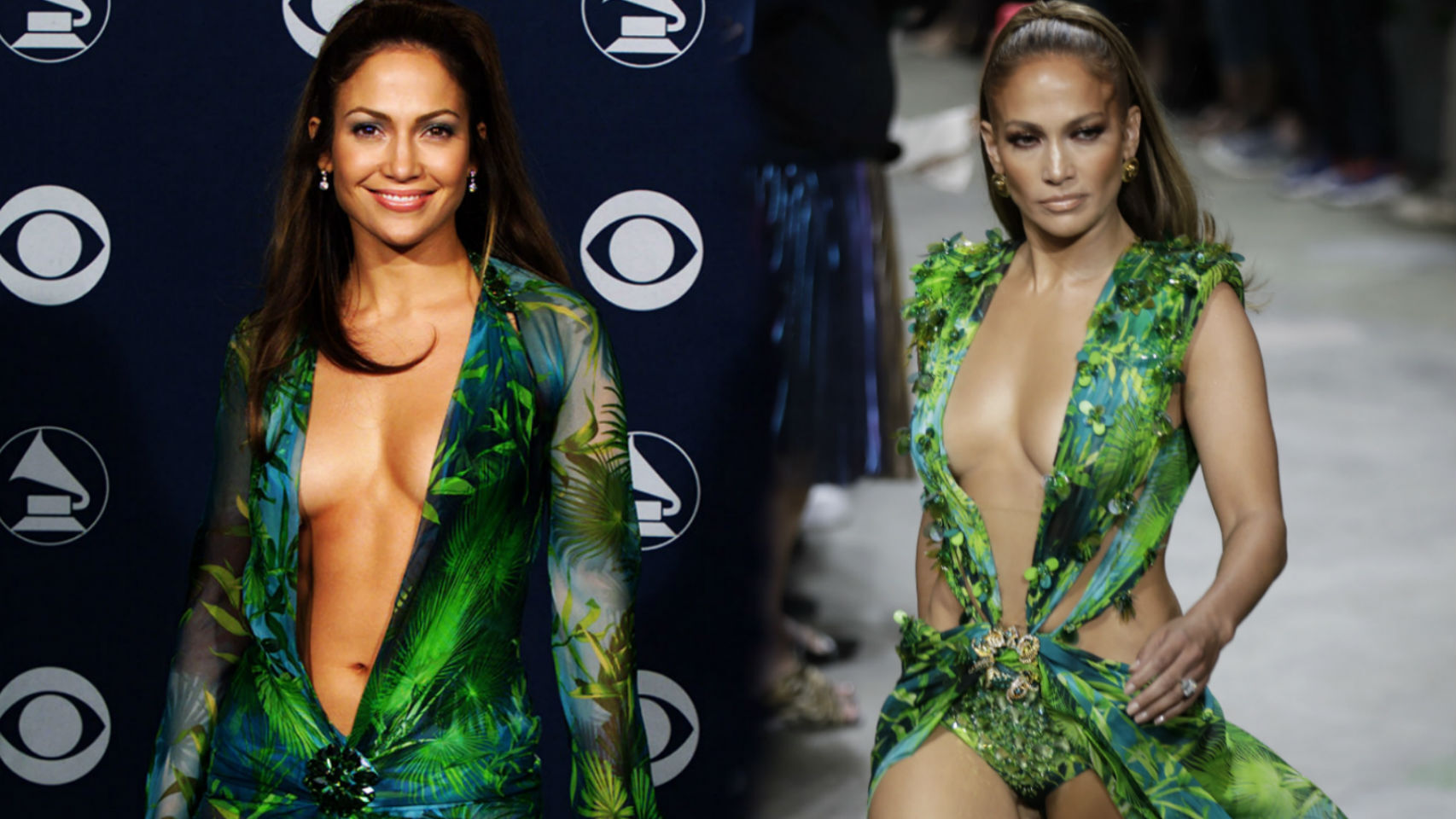 Jennifer Lopez y el 'jungle dress' en un montaje de Jaleos.