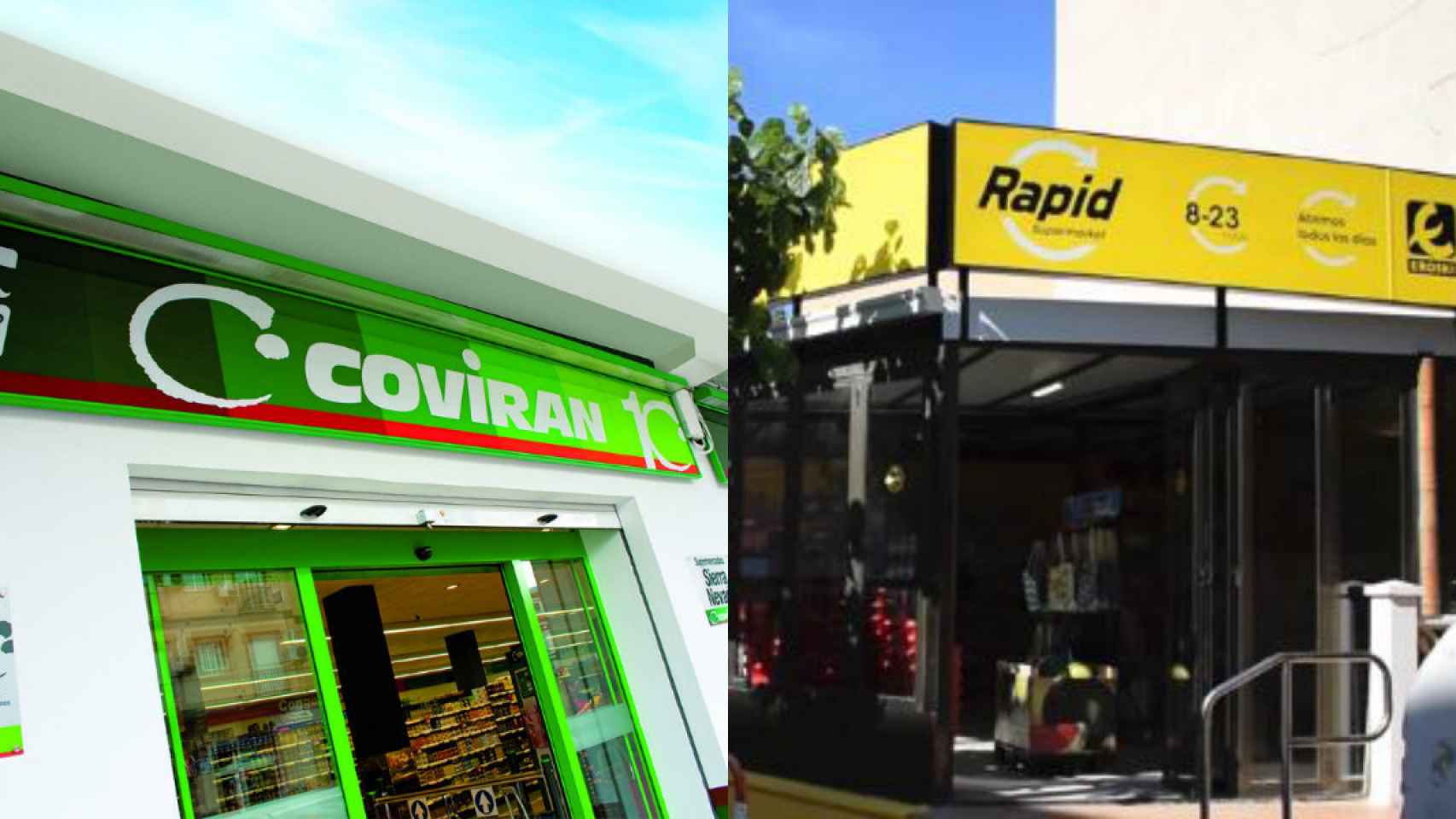 Fachadas de supermercados Covirán y Eroski Rapid.