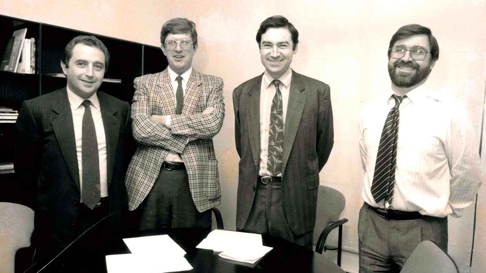 Balbino Fraga, Alfonso de Salas, Pedro J. Ramírez y Juan González en 1989, año fundacional de El Mundo.