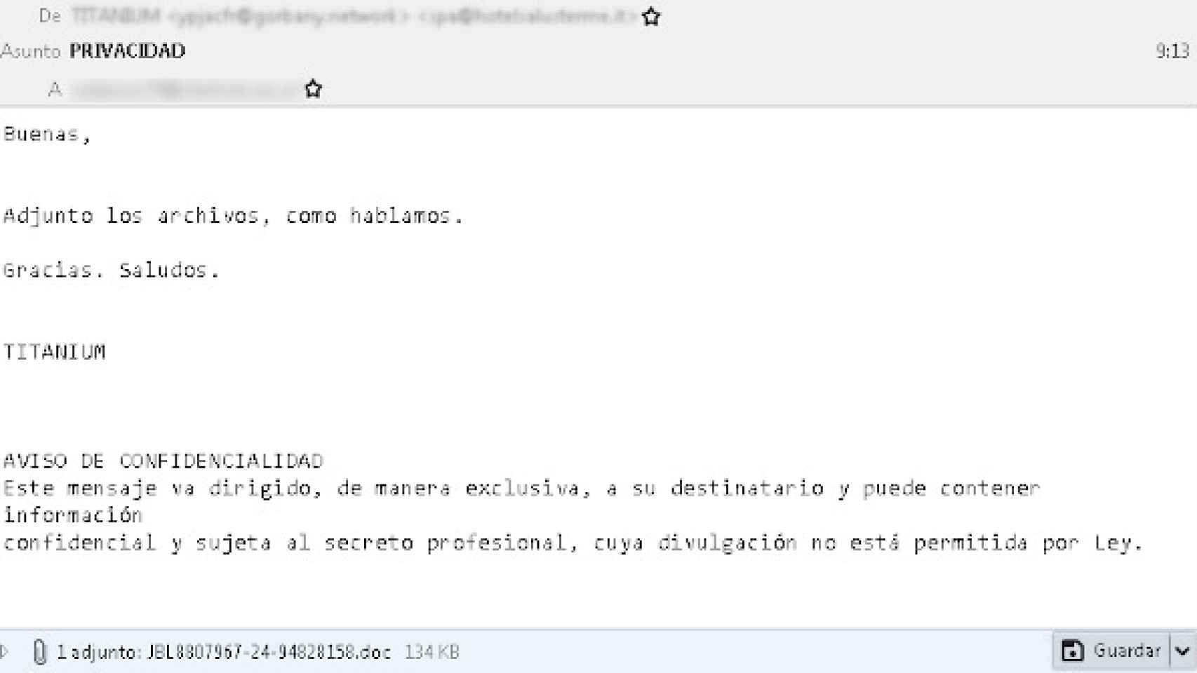 Uno de los correos interceptados por OSI que contiene un virus