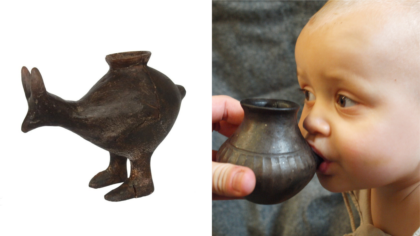 Biberón prehistórico utilizado por un bebé moderno.