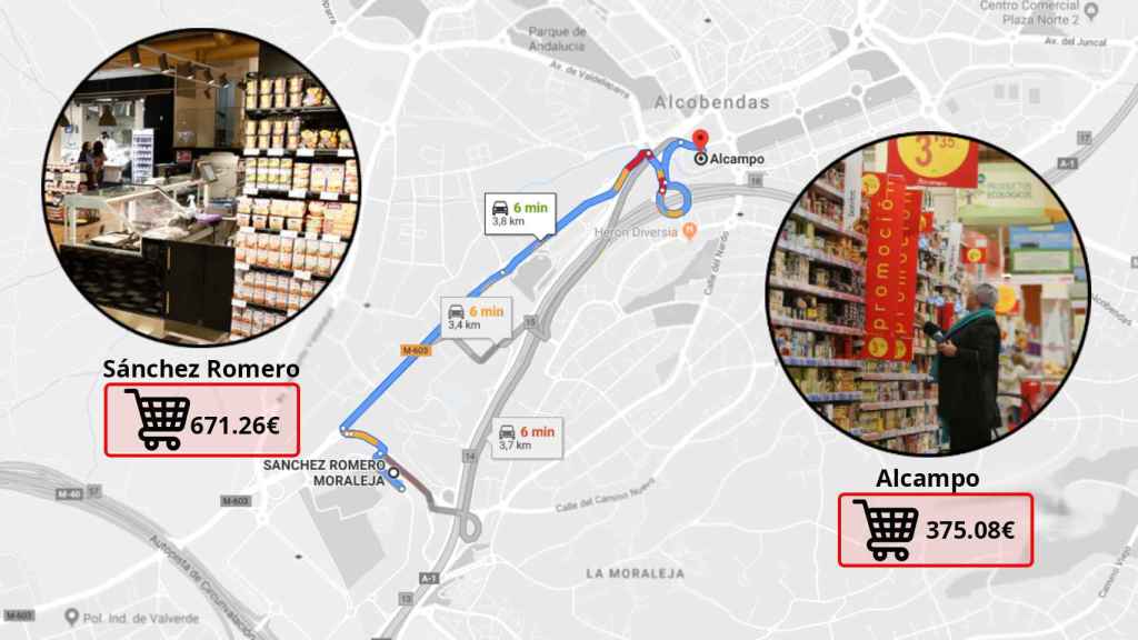 El supermercado más barato de Alcobendas, el Alcampo, y el más caro, el Sánchez Romero, están a apenas tres kilómetros de distancia.