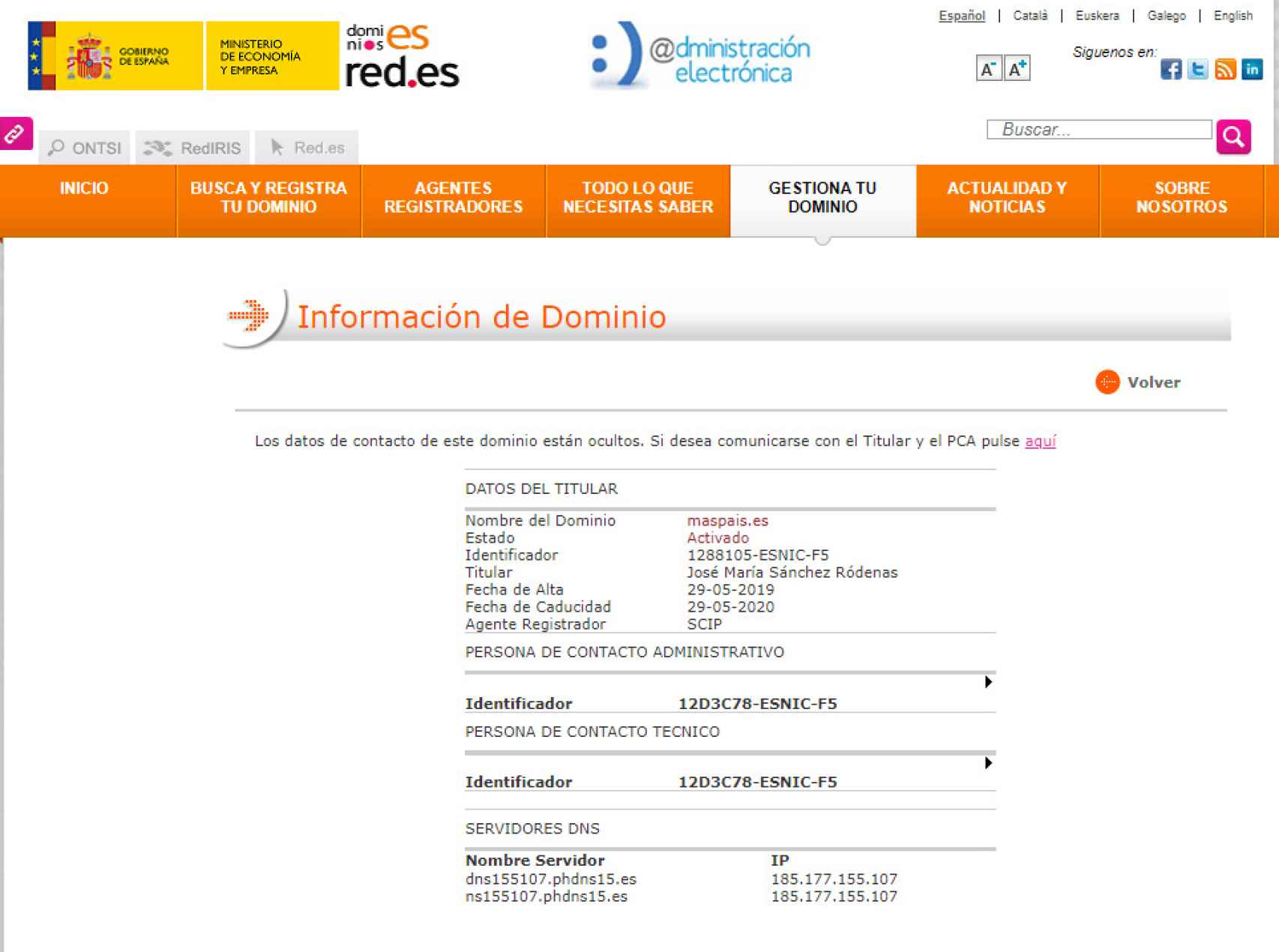 Captura de pantalla del Ministerio de Economía  y Empresa con el registro del dominio maspais.es.
