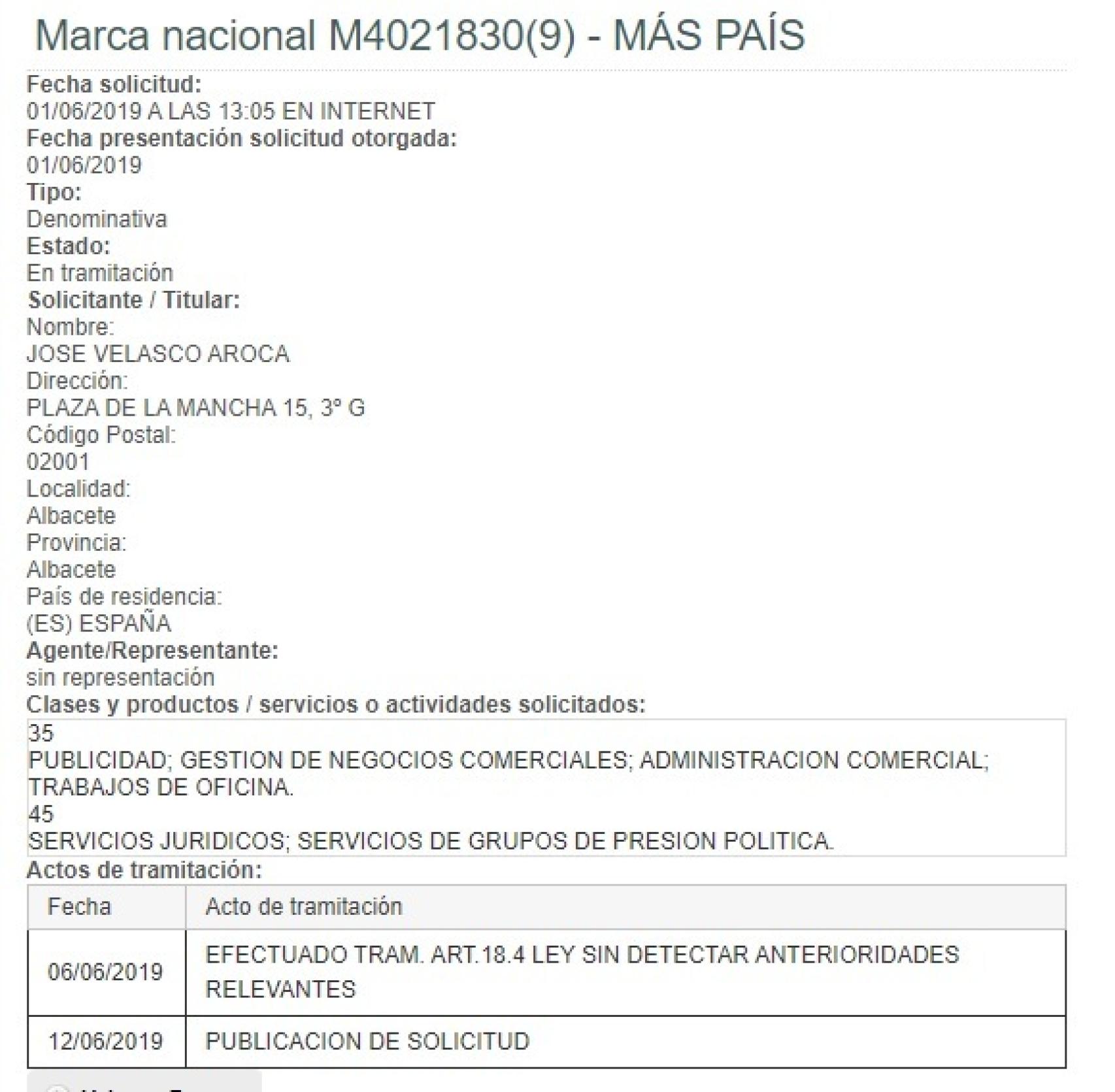 El registro de Más País en la Oficina Española de Patentes y Marcas.