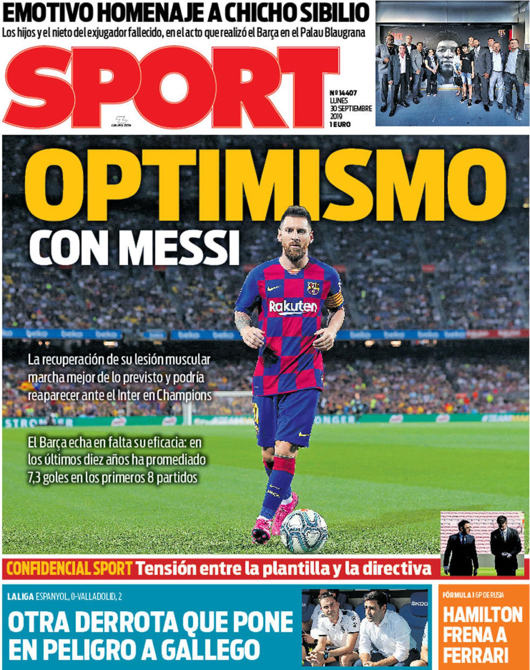 La portada del diario Sport (30/09/2019)