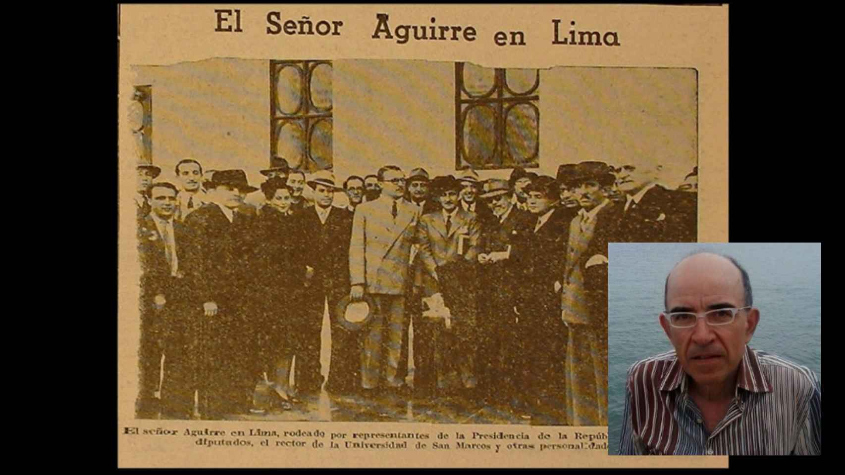 El profesor de la UPV Pedro José Chacón junto a un recorte de prensa del 'lehendakari' Aguirre en Lima en 1942.