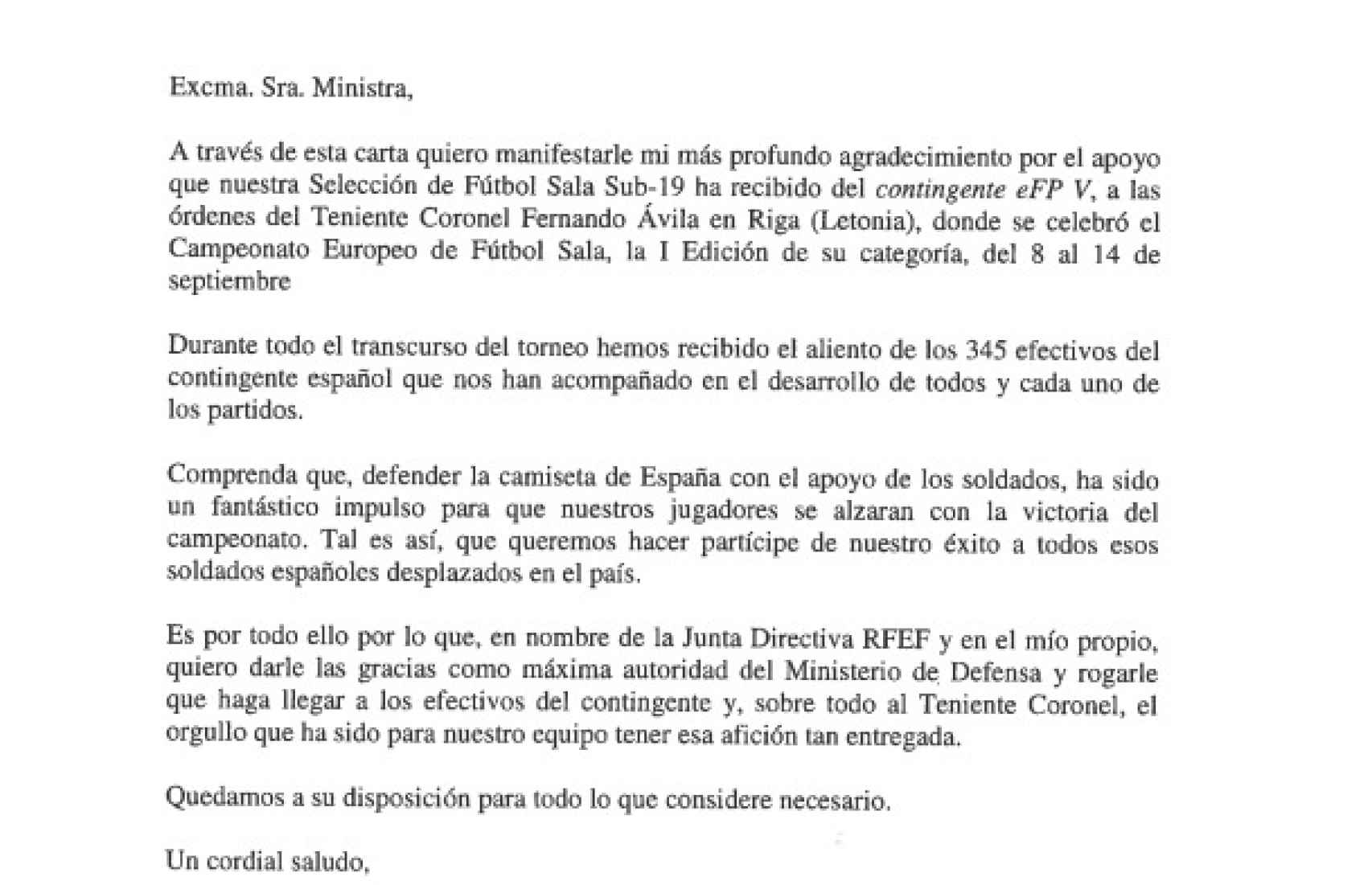 La carta enviada por Rubiales a Robles.