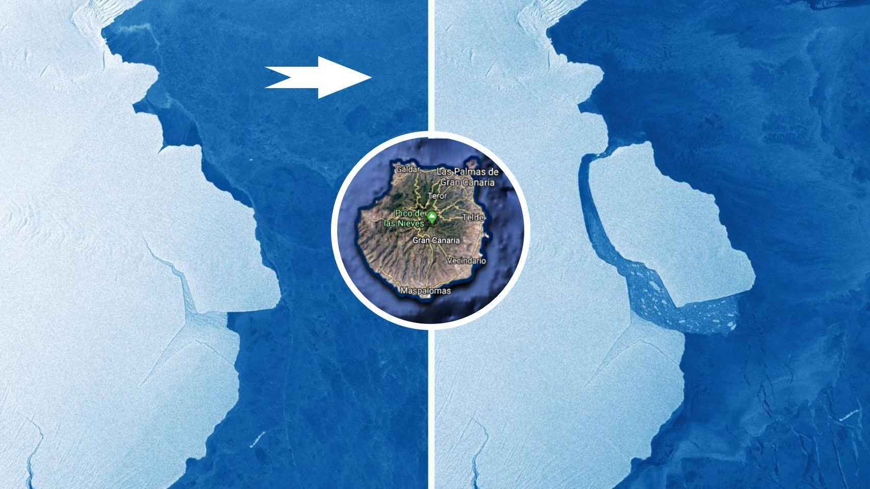Imágenes del desprendimiento del iceberg con la isla de Gran Canaria como comparativa.